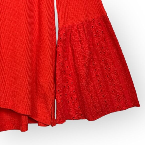 Free People Top Women Size PS Orange Eyelet Lace Bell Sleeve V Neck Boho - Picture 5 of 10